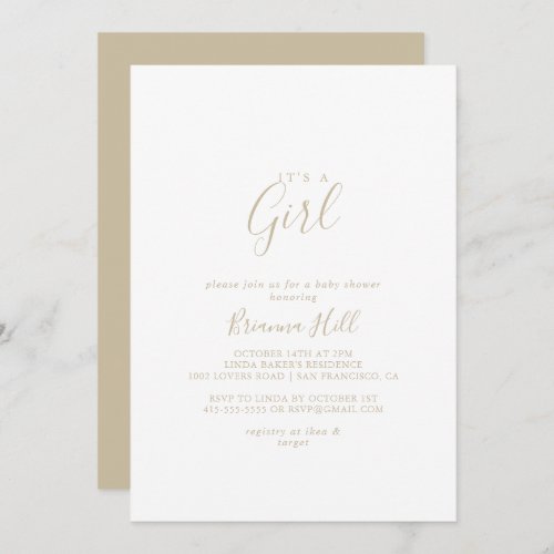 Gold Simple Minimalist Its A Girl Baby Shower  Invitation