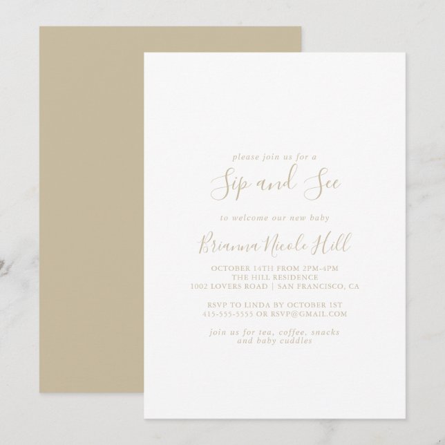 Gold Simple Minimalist Sip and See Invitation (Front/Back)