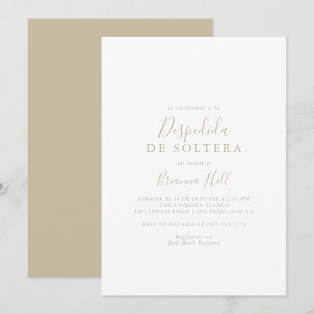 Gold Simple Minimalist Spanish Bridal Shower  Invitation (Front/Back)