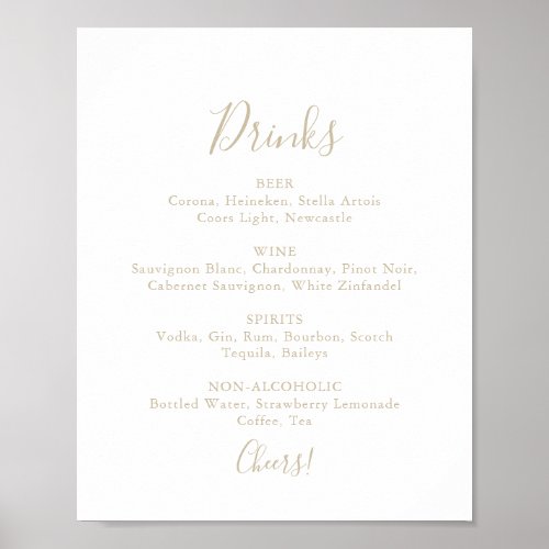 Gold Simple Minimalist Wedding Drinks Menu Sign