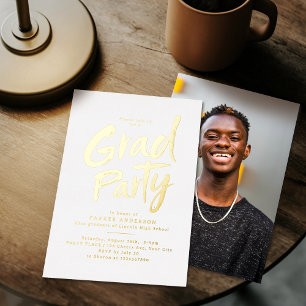 Gold Simple Modern Brush Script Grad Party Foil Invitation