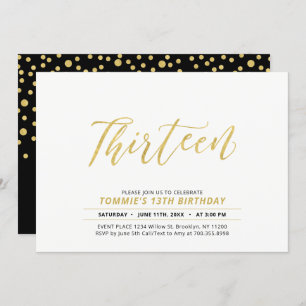 Gold Simple Modern Lettering 13th Birthday Party Invitation