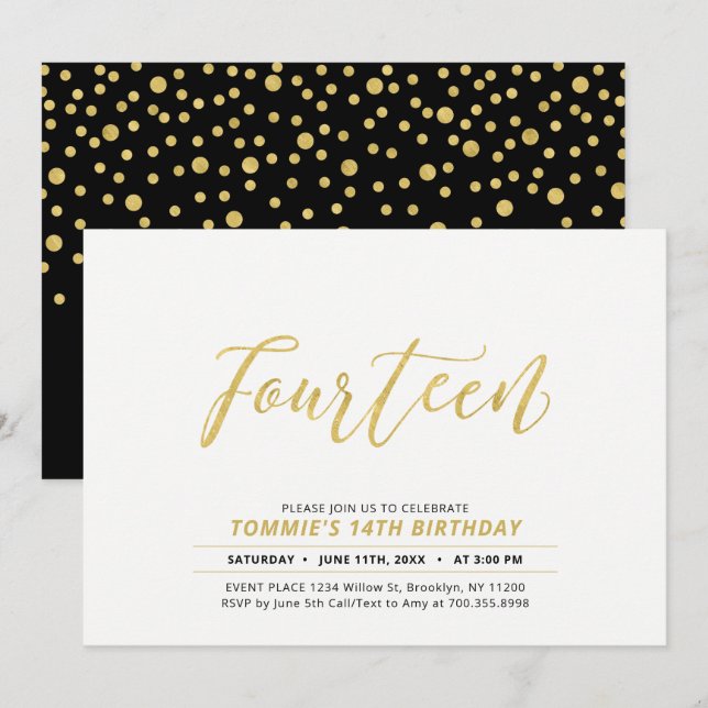 Gold Simple Modern Lettering 14th Birthday Party Invitation (Front/Back)