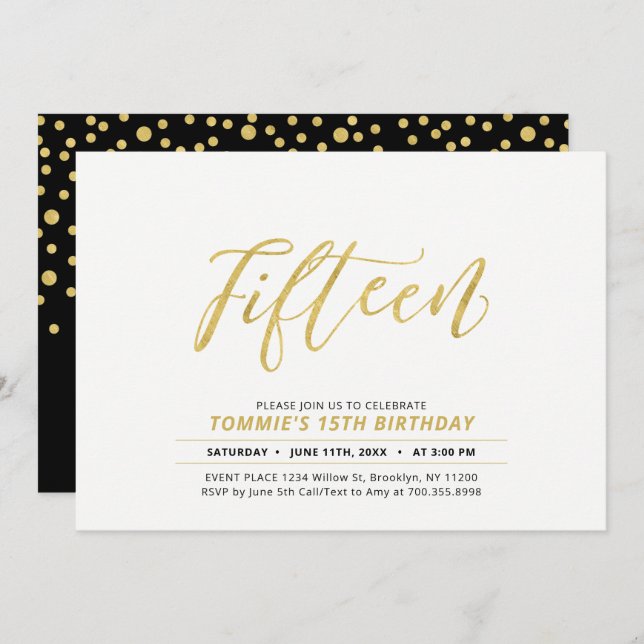 Gold Simple Modern Lettering 15th Birthday Party Invitation (Front/Back)