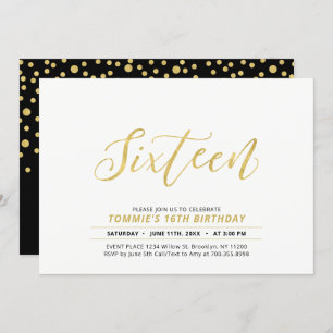 Gold Simple Modern Lettering 16th Birthday Party Invitation