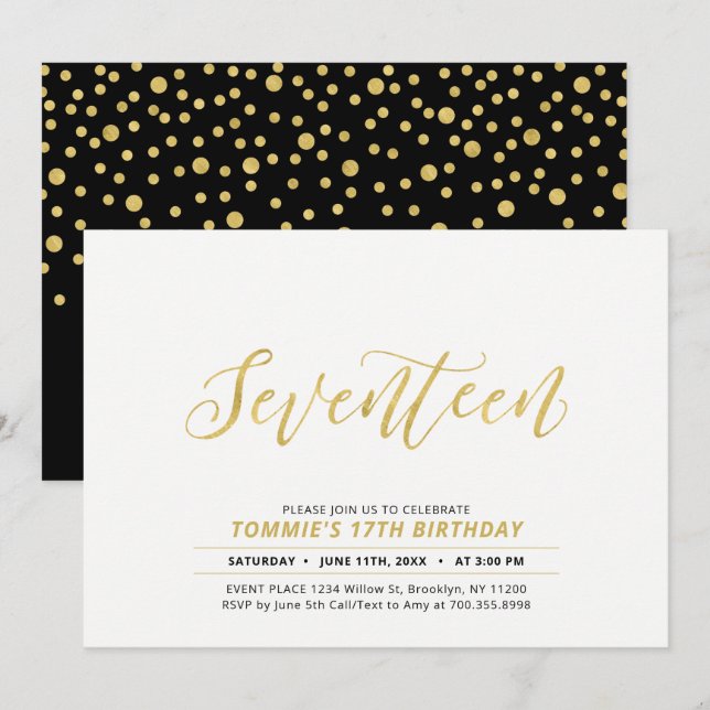 Gold Simple Modern Lettering 17th Birthday Party Invitation (Front/Back)
