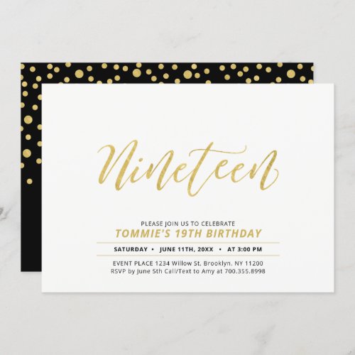 Gold Simple Modern Lettering 19th Birthday Party Invitation