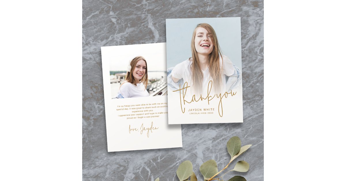 Gold Simple Modern Script 2 Photo Graduation Thank You Card | Zazzle