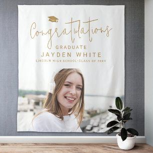 Gold Simple Modern Script Photo Graduation Party Tapestry
