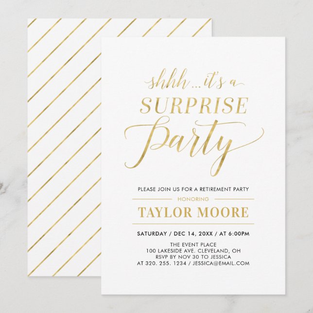 Gold | Simple Modern Surprise Retirement Party Invitation (Front/Back)