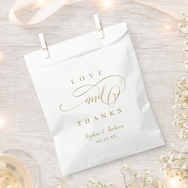 Gold simple romantic love & thanks script wedding favor bag (Clipped)