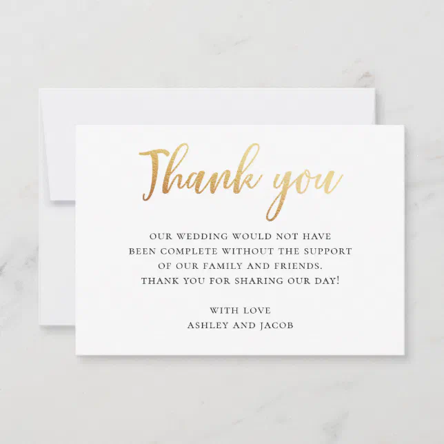 Gold simple typography wedding. Modern calligraphy Thank You Card | Zazzle