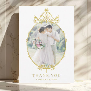 Gold Simple Vintage Frame Wedding Photo Thank You Card