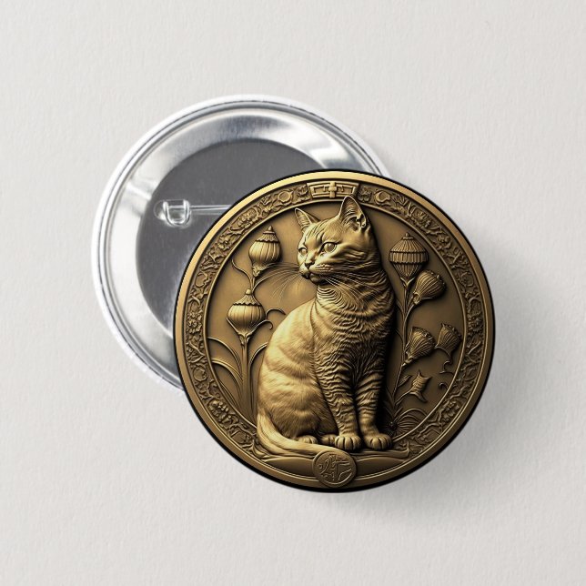 Gold Sitting Cat Medallion Button (Front & Back)