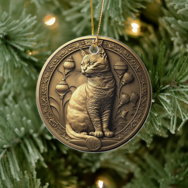 Gold Sitting Cat Medallion Ceramic Ornament (Tree)