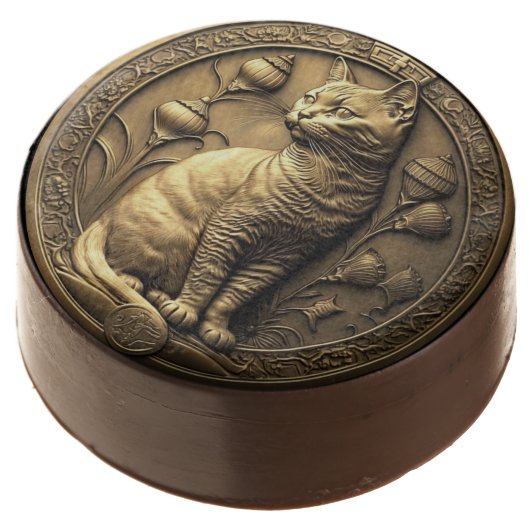 Gold Sitting Cat Medallion Chocolate Covered Oreo (Angled)