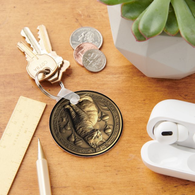 Gold Sitting Cat Medallion Keychain (Desk)