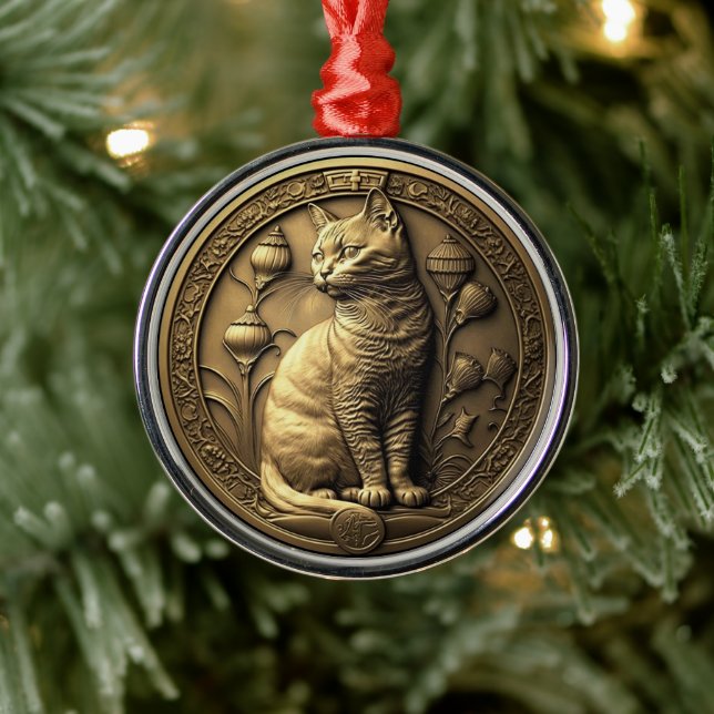 Gold Sitting Cat Medallion Metal Ornament (Tree)