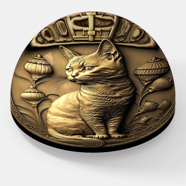 Gold Sitting Cat Medallion Paperweight (Angled)
