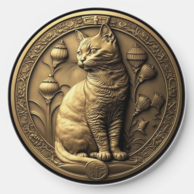 Gold Sitting Cat Medallion Wireless Charger (Front)