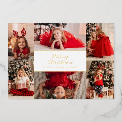 Gold Six Pictures Photo Collage Merry Christmas Foil Holiday Card