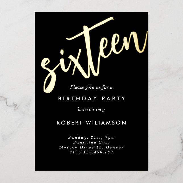 Gold sixteen birthday invitation foil invitation (Front)