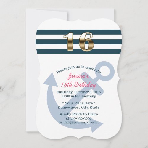 Gold Sixteen Nautical Stripes Sweet 16 5x7 Paper Invitation Card