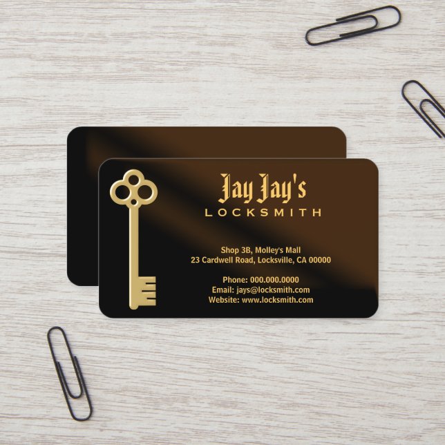 Gold Skeleton Key Brown Locksmith Business Cards (Front/Back In Situ)