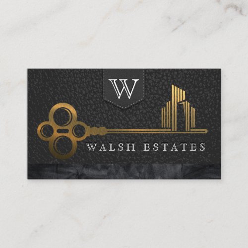 Gold Skeleton Key City Logo  Leather Business Card