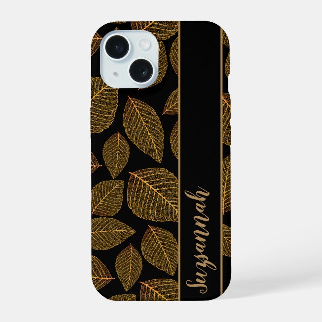 Gold Skeleton Leaf Pattern on Black Gift Idea Iphone Case (Back)