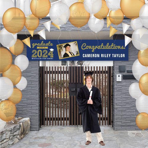 Gold Sketch 2024 One Photo Modern Graduation Party Banner