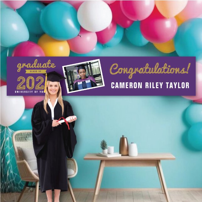 Gold Sketch Class of 2025 Photo Graduation Party Banner (2024 Purple & Gold Sketch, Modern One Photo Graduation Party Banner @ www.zazzle.com/color_therapy)