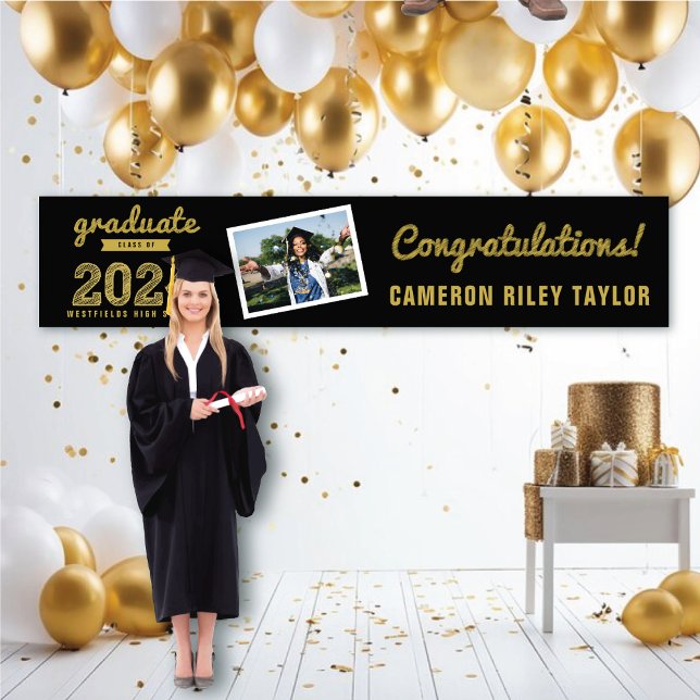 Gold Sketch Class of 2025 Photo Graduation Party Banner (2024 Black And Gold Sketch One Photo Modern Graduation Party Banner @ www.zazzle.com/color_therapy)