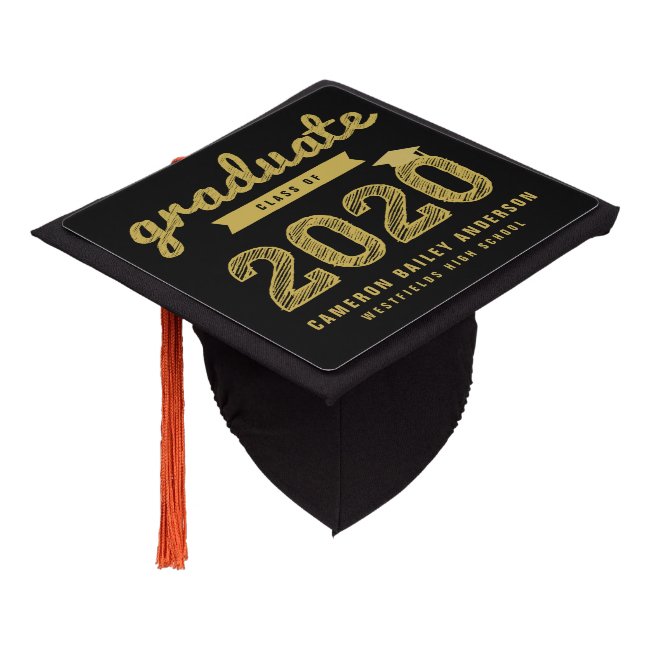 Gold Sketch Typography Grad Class Of 2020 Classic Graduation Cap Topper