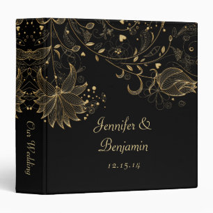 Gold Sketched Flowers on Black Photo Album 3 Ring Binder