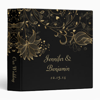 Gold Sketched Flowers on Black Photo Album 3 Ring Binder