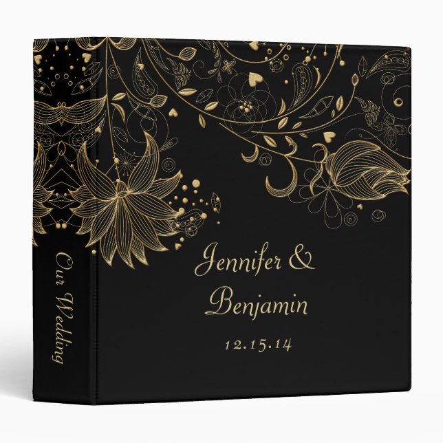 Gold Sketched Flowers on Black Photo Album 3 Ring Binder (Front/Spine)