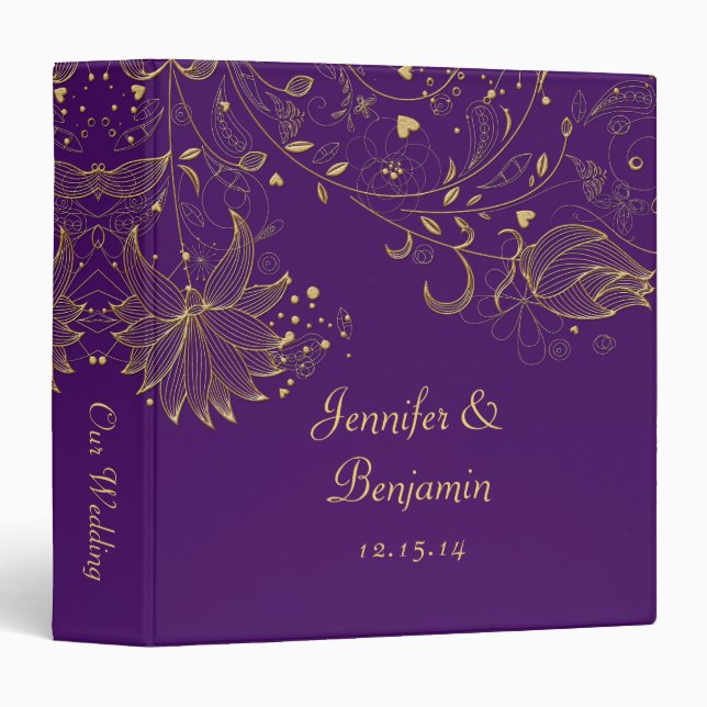 Gold Sketched Flowers on Dark Purple Photo Album 3 Ring Binder (Front/Spine)