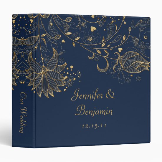 Gold Sketched Flowers on Navy Wedding Album 3 Ring Binder