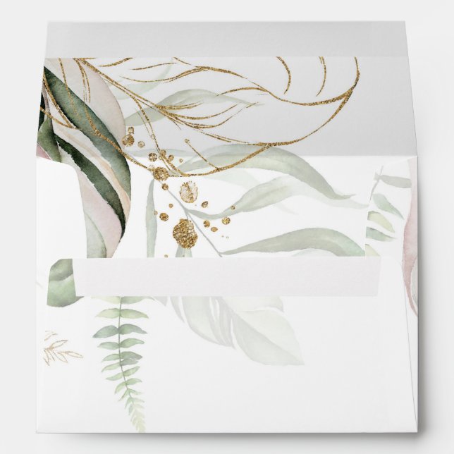 Gold Sketched Leaves Blush Pink Tropical Wedding E Envelope (Back (Bottom))