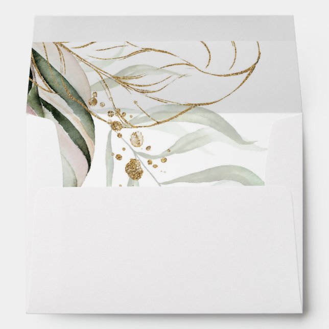 Gold Sketched Leaves Blush Pink Tropical Wedding Envelope (Back (Bottom))