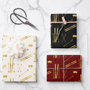 Gold Skis And Poles   Holiday Ski Pattern  Wrapping Paper Sheets