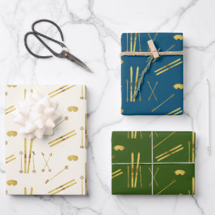 Gold Skis And Poles Holiday Ski Pattern Wrapping Paper Sheets