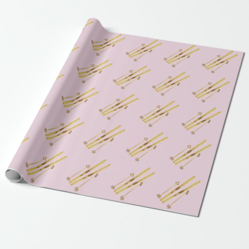 Gold Skis And Poles  Holiday Skiing Pattern Pink Wrapping Paper