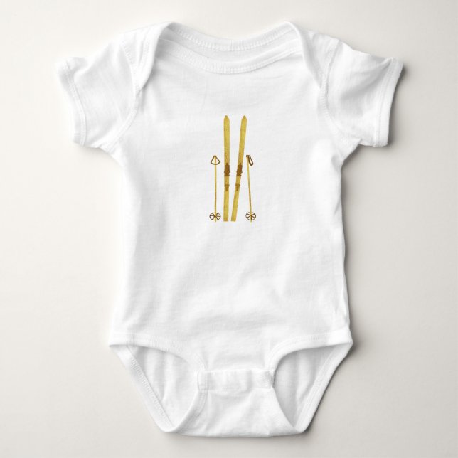 Gold Skis And Poles | Retro Ski Holiday Baby Bodysuit (Front)