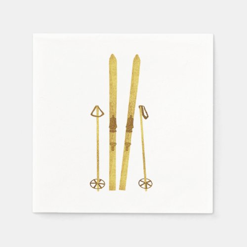 Gold Skis And Poles  Retro Ski Holiday Napkins