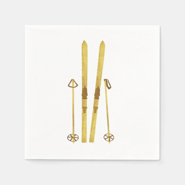 Gold Skis And Poles | Retro Ski Holiday Napkins (Front)