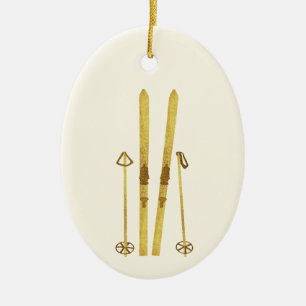 Gold Skis And Poles   Retro Ski Illustration Ceramic Ornament