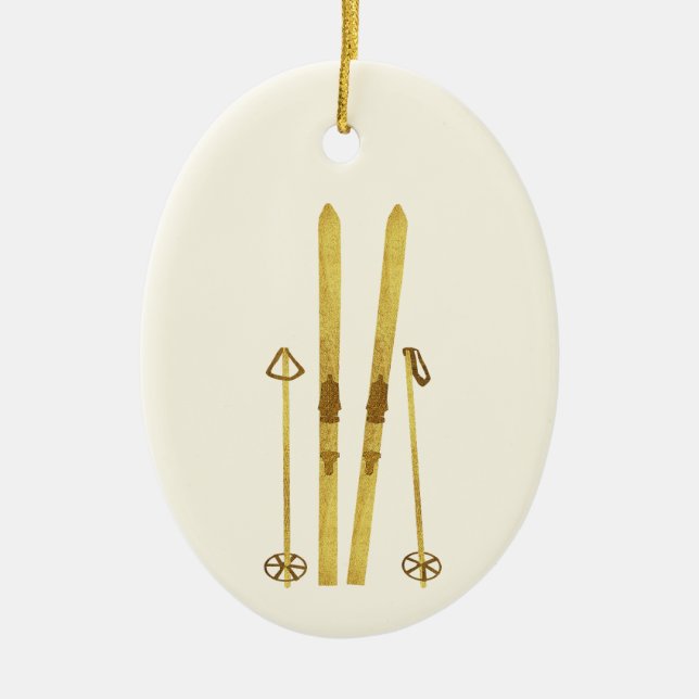 Gold Skis And Poles | Retro Ski Illustration Ceramic Ornament (Front)