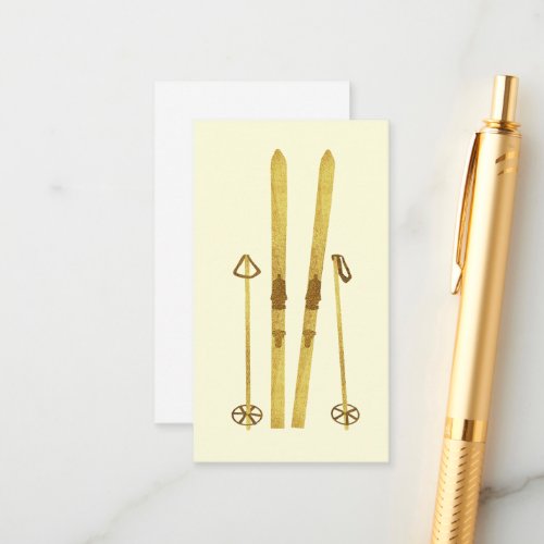 Gold Skis And Poles  Retro Ski Illustration Cream Enclosure Card